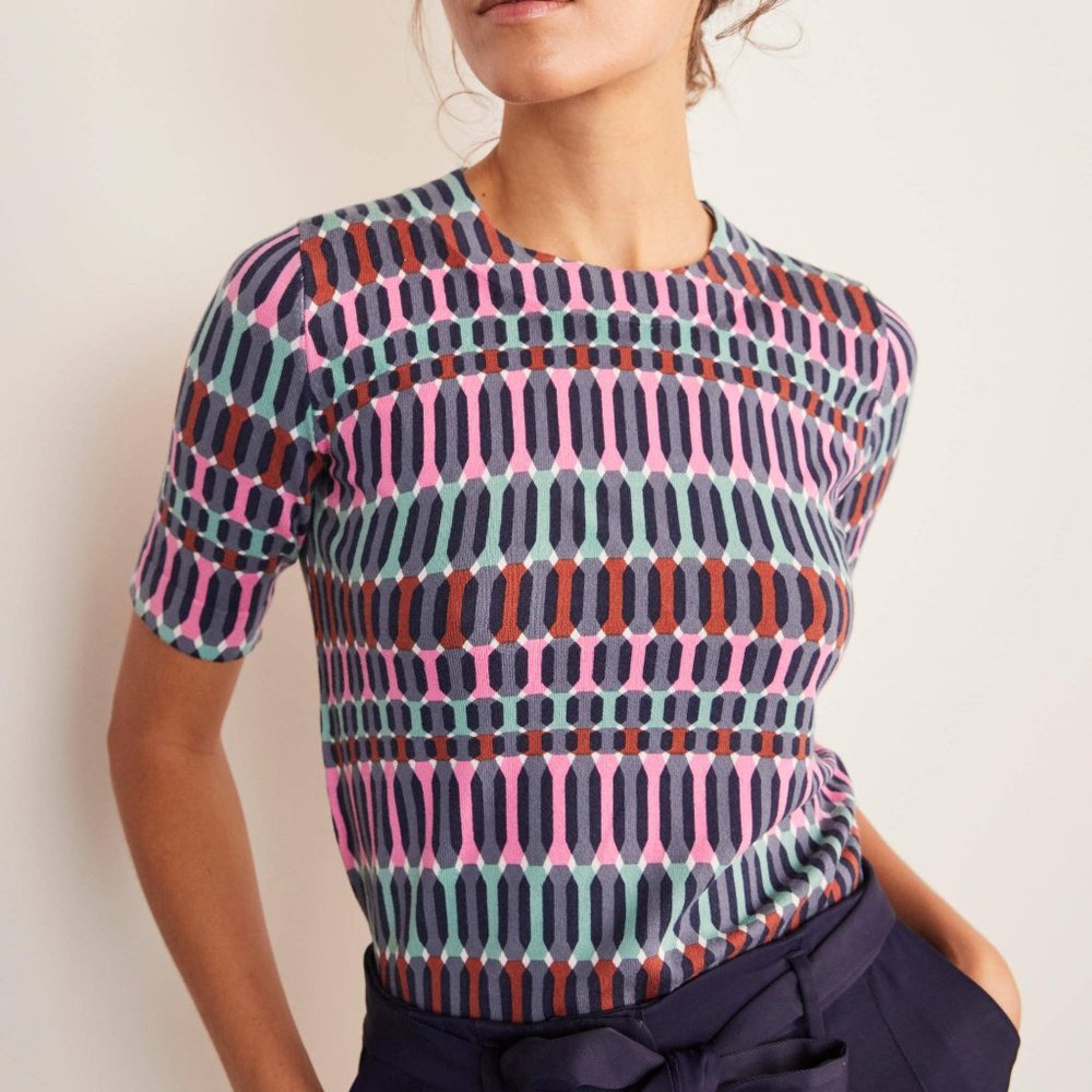 Boden Multicolor Geometric Short-Sleeve Knit Top — Pink, Navy, Teal, Rust